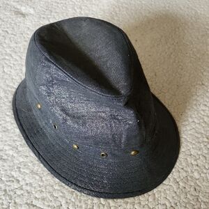 Hot in Hollywood Blue Denim Fedora Hat Gold Metallic Flecks & Bronze Stud Rivets